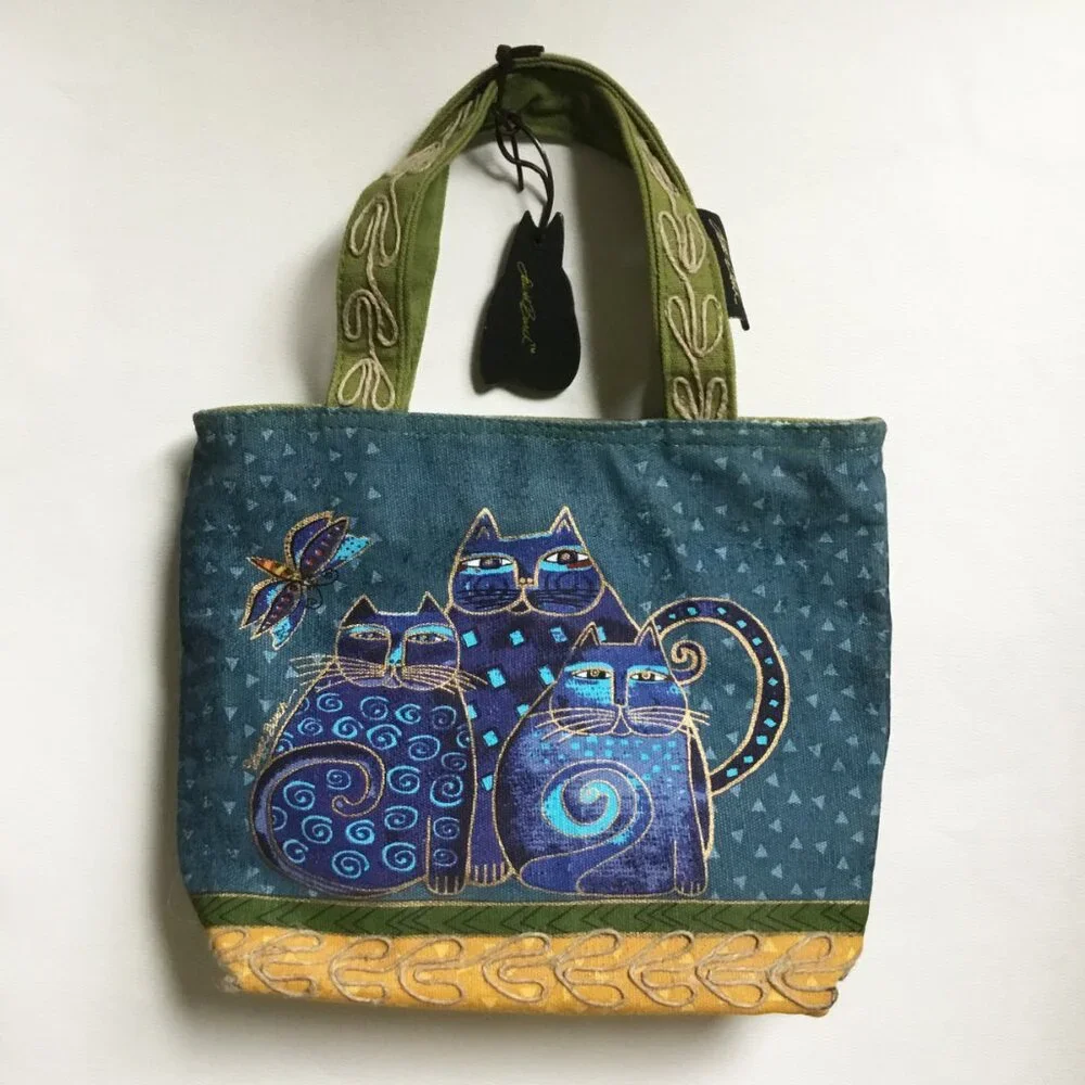 Laurel Burch Cat Blue Green & Yellow Small Mini Handbag Tote Bag & Charm - Picture 2 of 8